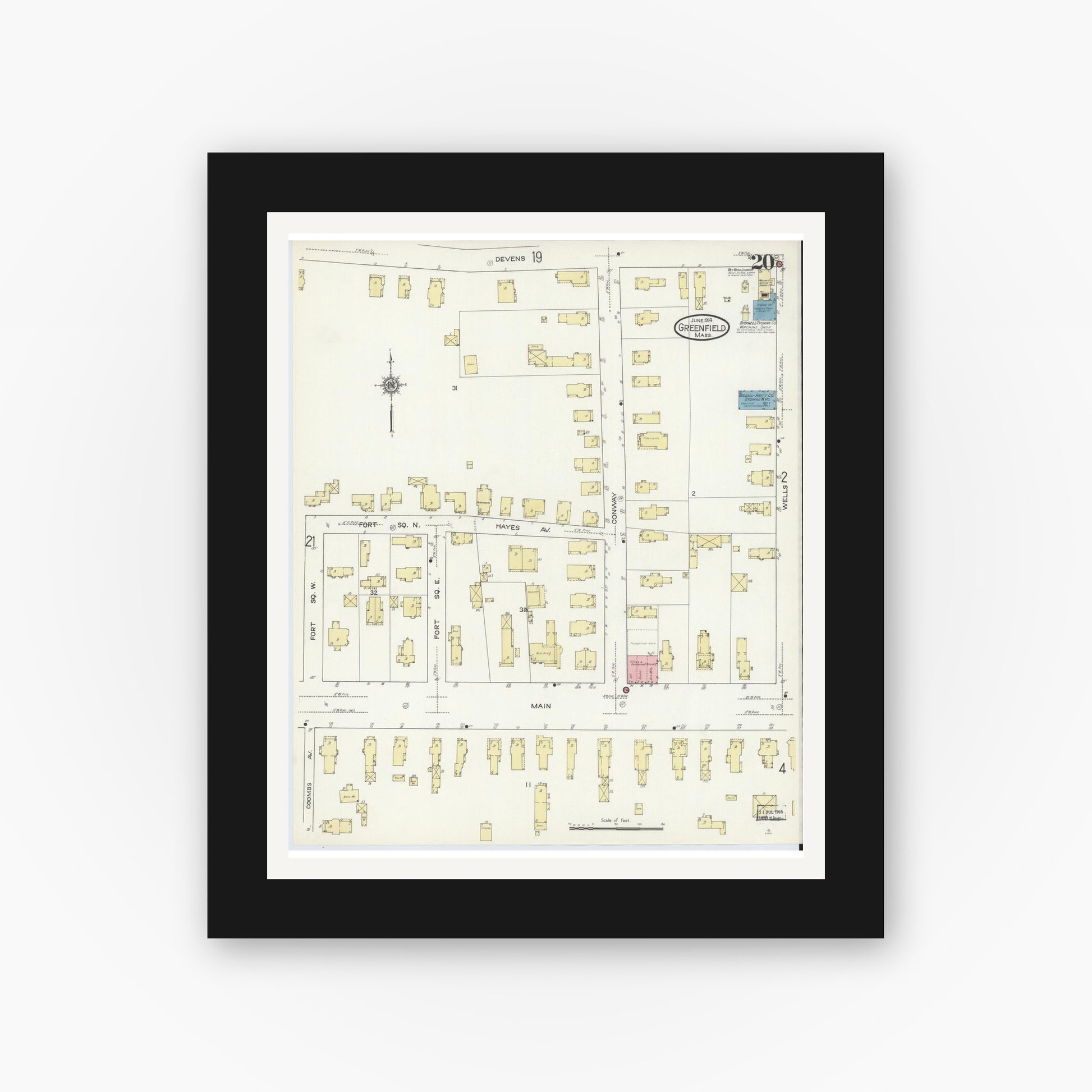 Old map wall art mockup — black gallery frame with white mat — Sanborn Fire Insurance Map from Greenfield, Franklin County, Massachusetts (1914), Sheet #0020