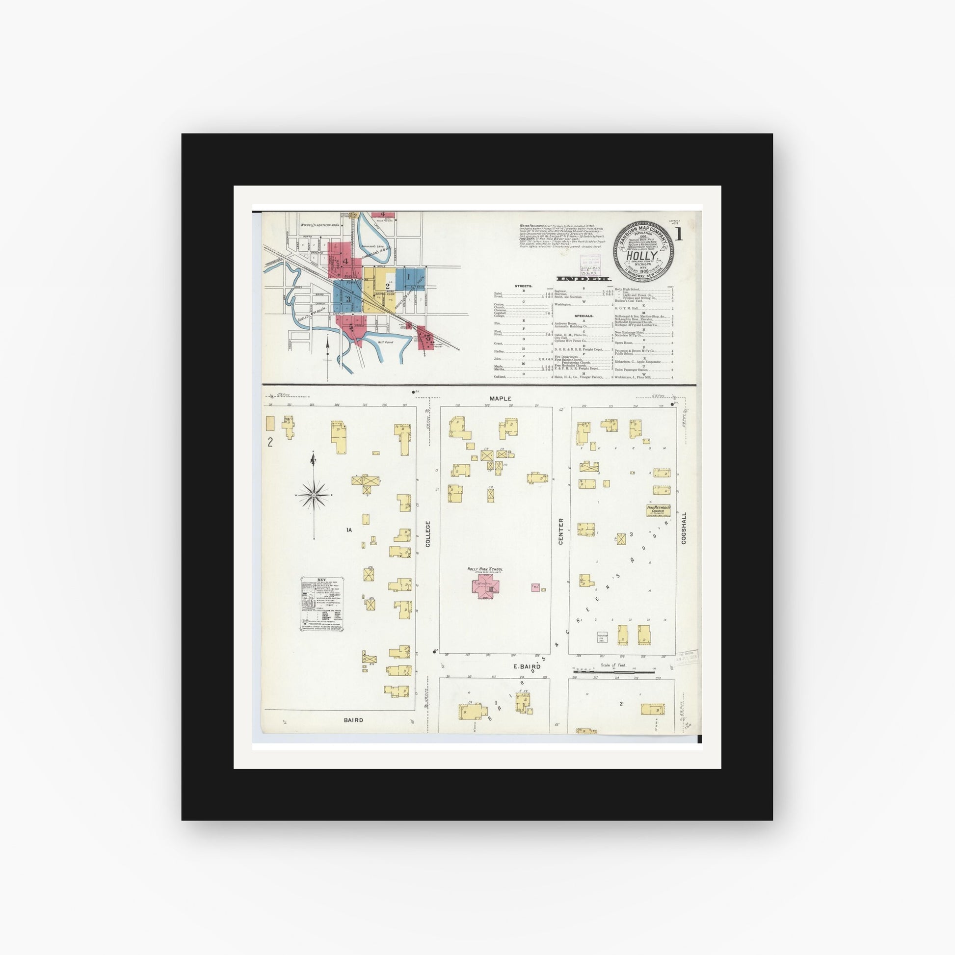 Old map wall art mockup — black gallery frame with white mat — Sanborn Fire Insurance Map from Holly, Oakland County, Michigan (1908) - Complete Map Set