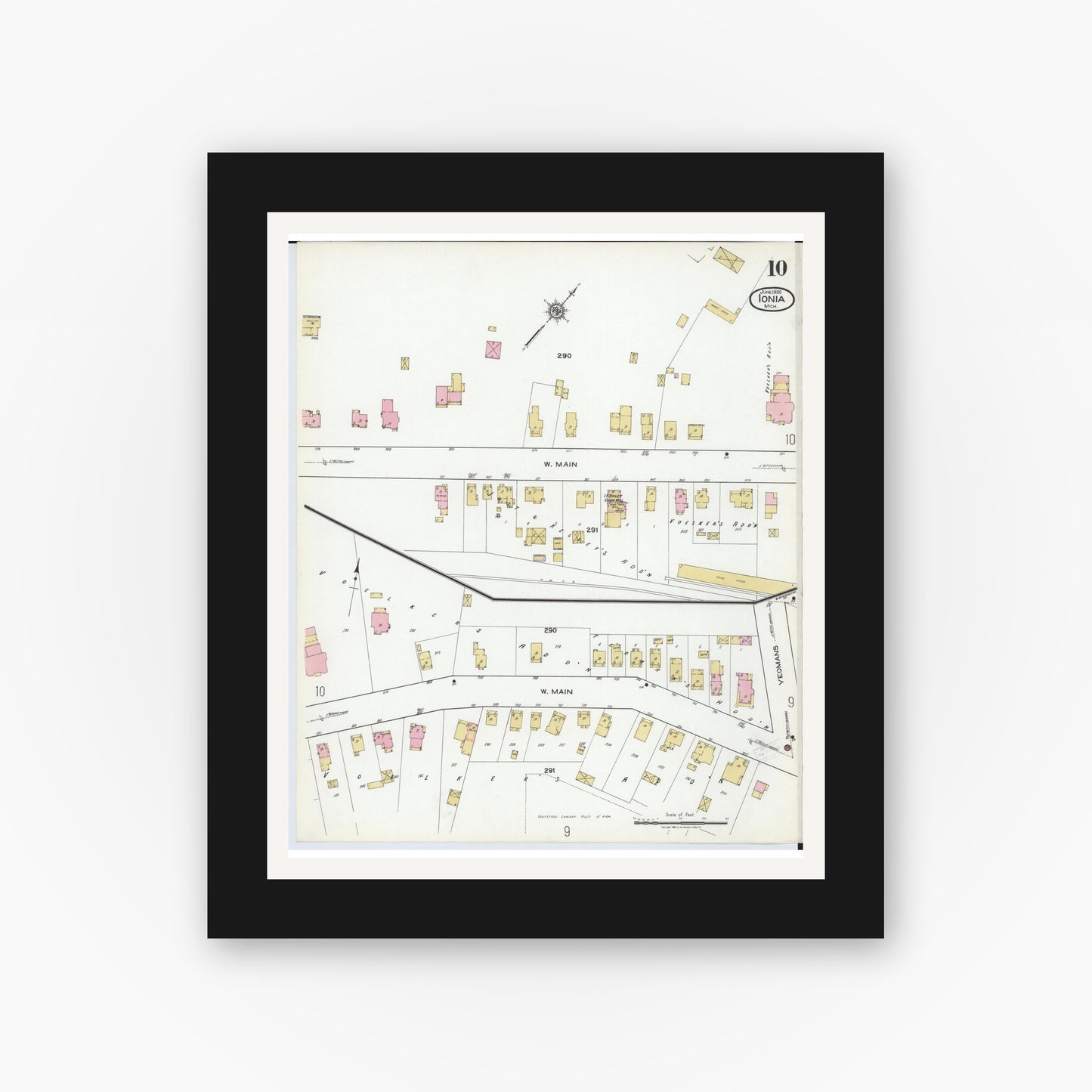 Old map wall art mockup — black gallery frame with white mat — Sanborn Fire Insurance Map from Ionia, Ionia County, Michigan (1920), Sheet #0010
