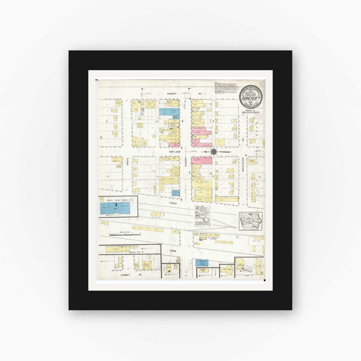 Old map wall art mockup — black gallery frame with white mat — Sanborn Fire Insurance Map from Bancroft, Kossuth County, Iowa (1916), Sheet #0001