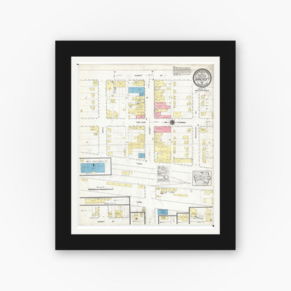 Old map wall art mockup — black gallery frame with white mat — Sanborn Fire Insurance Map from Bancroft, Kossuth County, Iowa (1916), Sheet #0001
