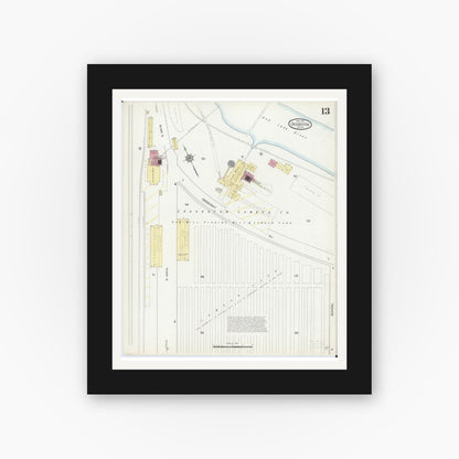 Old map wall art mockup — black gallery frame with white mat — Sanborn Fire Insurance Map from Crookston, Polk County, Minnesota (1913), Sheet #0013