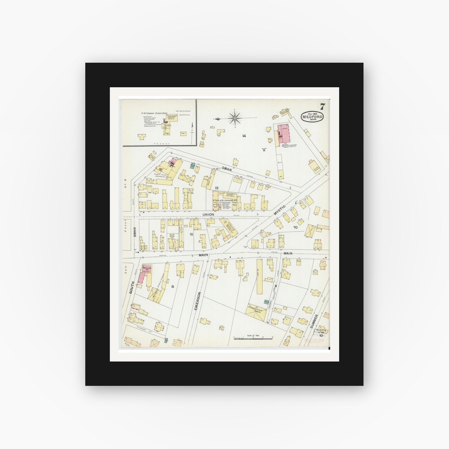 Old map wall art mockup — black gallery frame with white mat — Sanborn Fire Insurance Map from Medford, Middlesex County, Massachusetts (1892), Sheet #0007