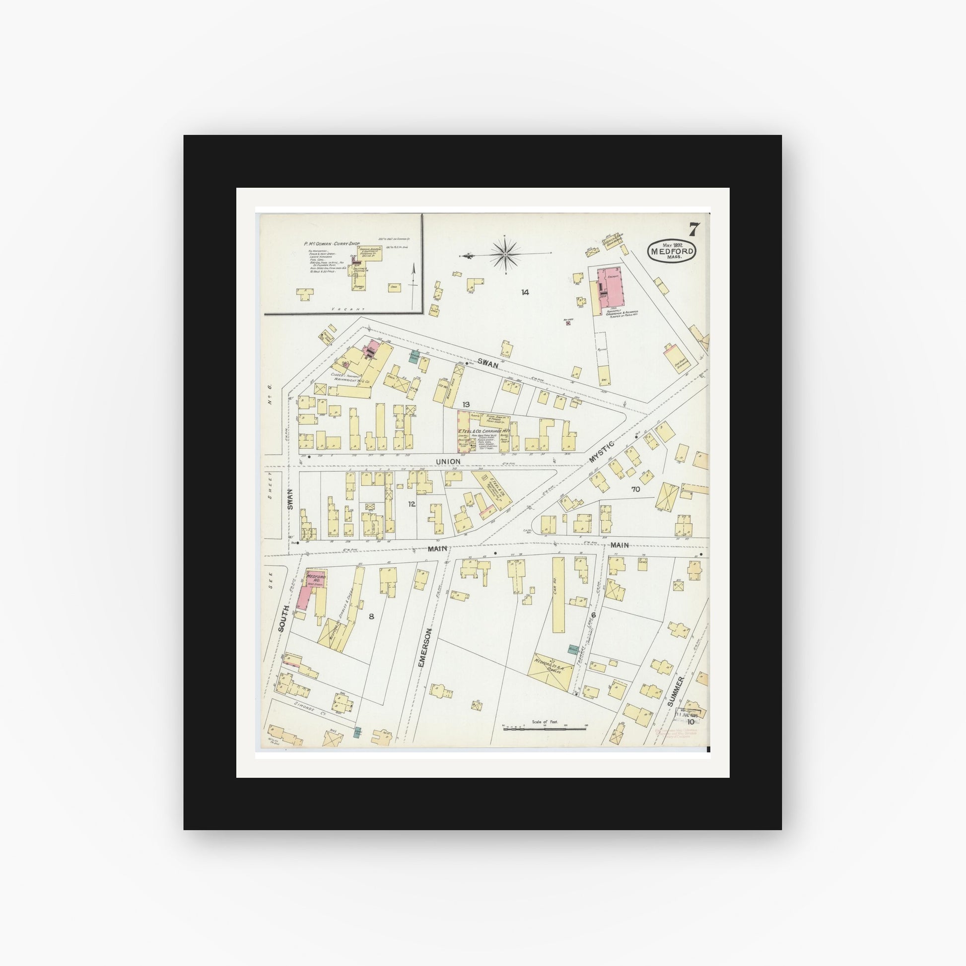 Old map wall art mockup — black gallery frame with white mat — Sanborn Fire Insurance Map from Medford, Middlesex County, Massachusetts (1892), Sheet #0007