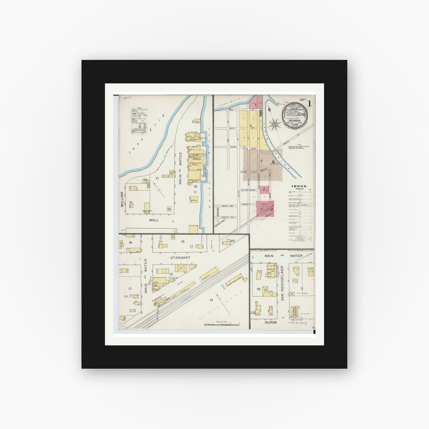 Old map wall art mockup — black gallery frame with white mat — Sanborn Fire Insurance Map from Huron, Erie County, Ohio (1893), Sheet #0001