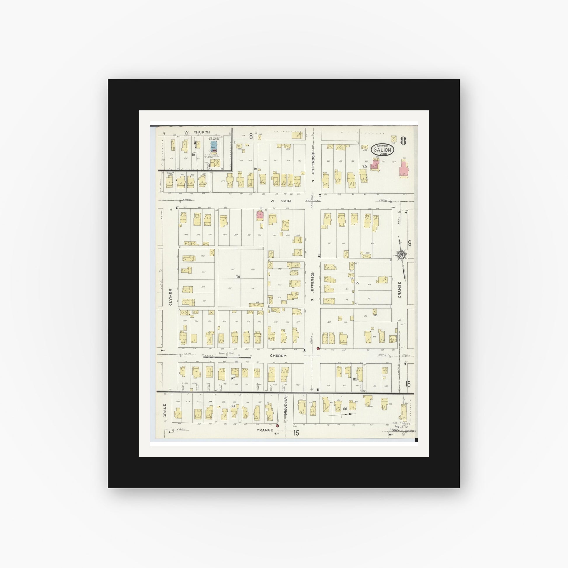 Old map wall art mockup — black gallery frame with white mat — Sanborn Fire Insurance Map from Galion, Crawford County, Ohio (1913), Sheet #0008