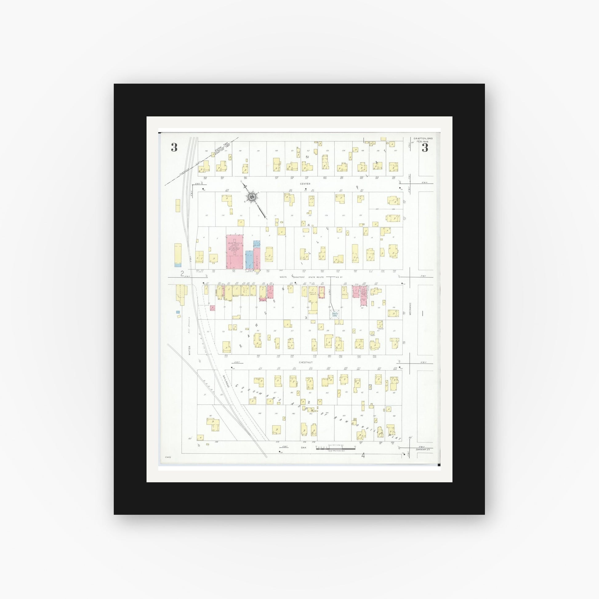 Old map wall art mockup — black gallery frame with white mat — Sanborn Fire Insurance Map from Grafton, Lorain County, Ohio (1946), Sheet #0003