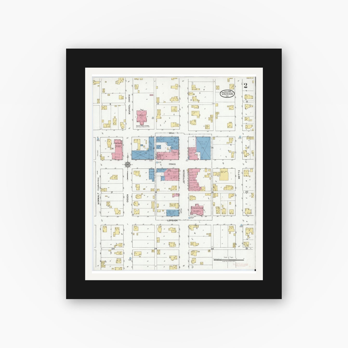 Old map wall art mockup — black gallery frame with white mat — Sanborn Fire Insurance Map from Ossian, Wells County, Indiana (1919), Sheet #0002