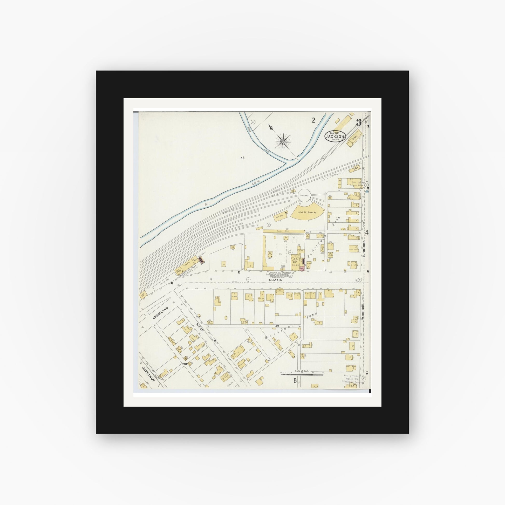 Old map wall art mockup — black gallery frame with white mat — Sanborn Fire Insurance Map from Jackson, Jackson County, Ohio (1905), Sheet #0003