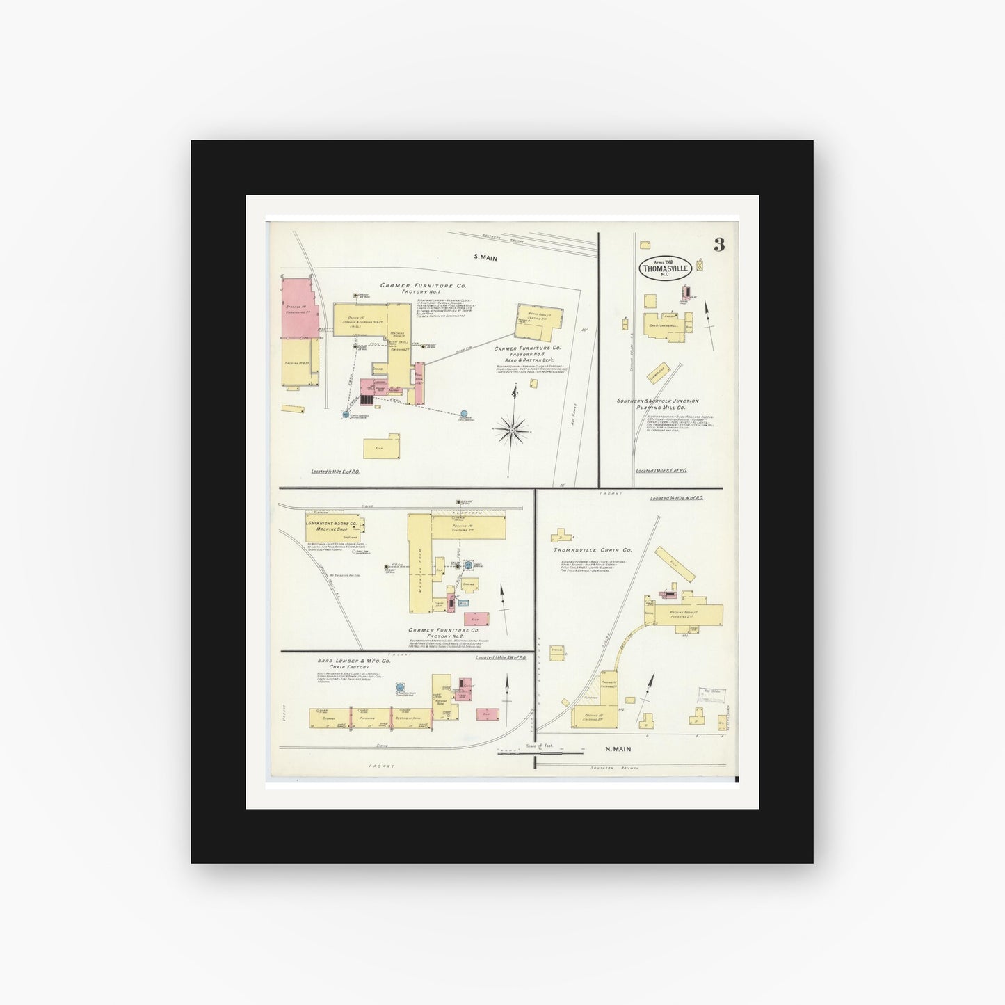 Old map wall art mockup — black gallery frame with white mat — Sanborn Fire Insurance Map from Thomasville, Davidson County, North Carolina (1908), Sheet #0003