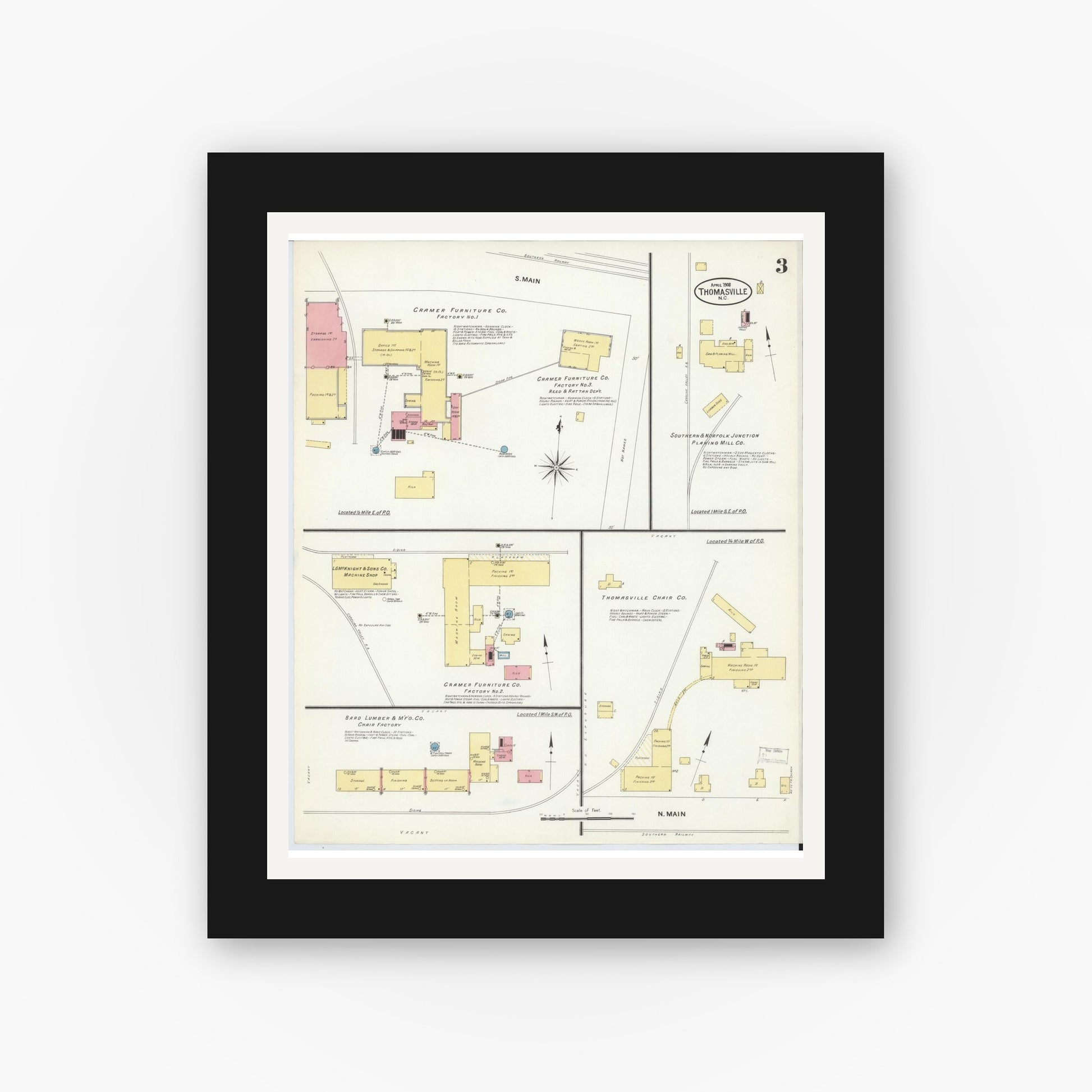 Old map wall art mockup — black gallery frame with white mat — Sanborn Fire Insurance Map from Thomasville, Davidson County, North Carolina (1908), Sheet #0003