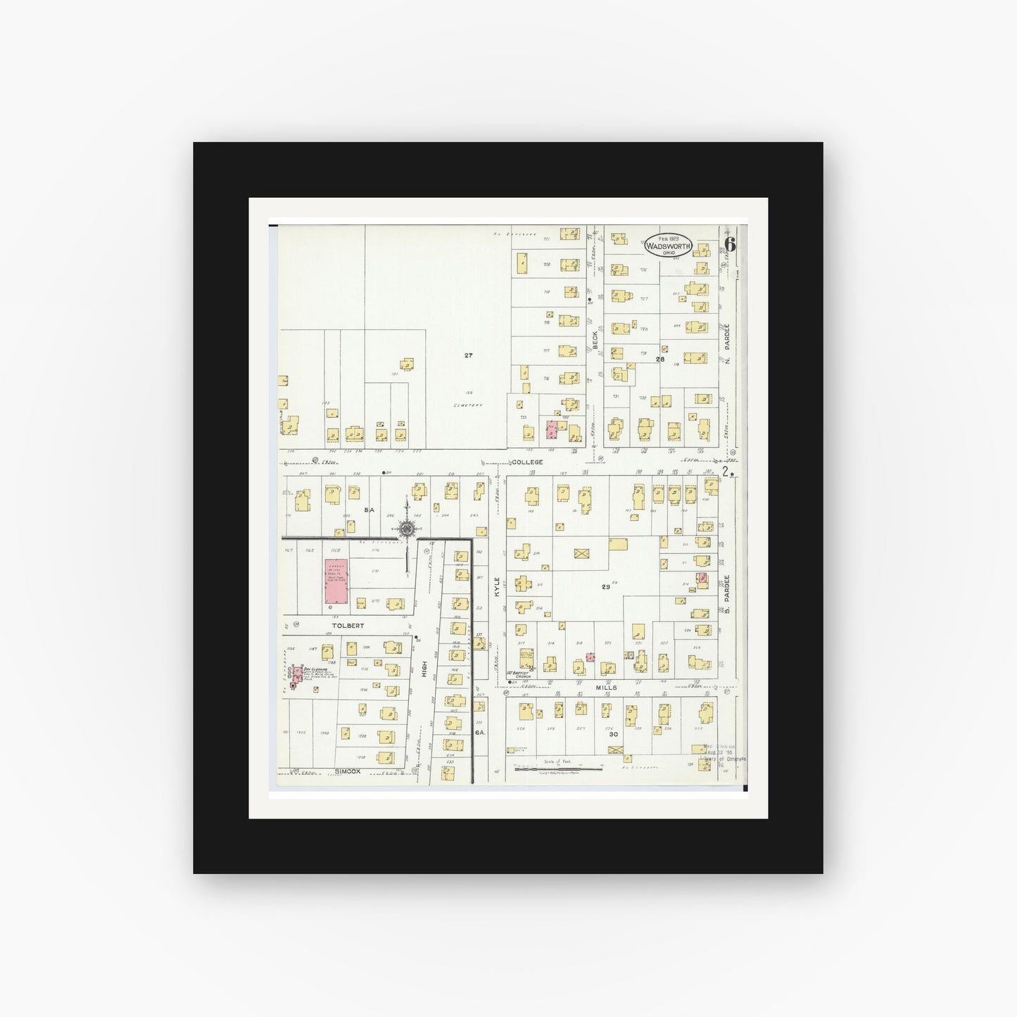 Old map wall art mockup — black gallery frame with white mat — Sanborn Fire Insurance Map from Wadsworth, Medina County, Ohio (1923), Sheet #0006