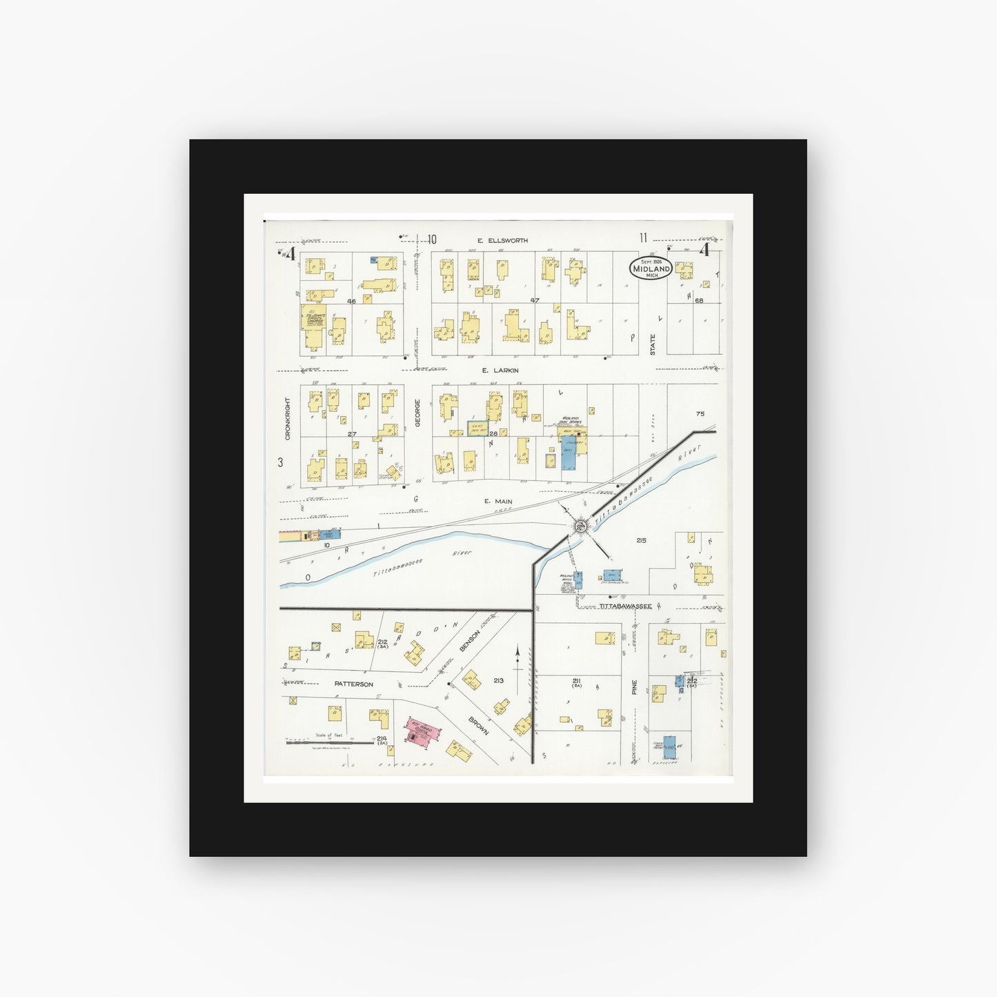 Old map wall art mockup — black gallery frame with white mat — Sanborn Fire Insurance Map from Midland, Midland County, Michigan (1926), Sheet #0004