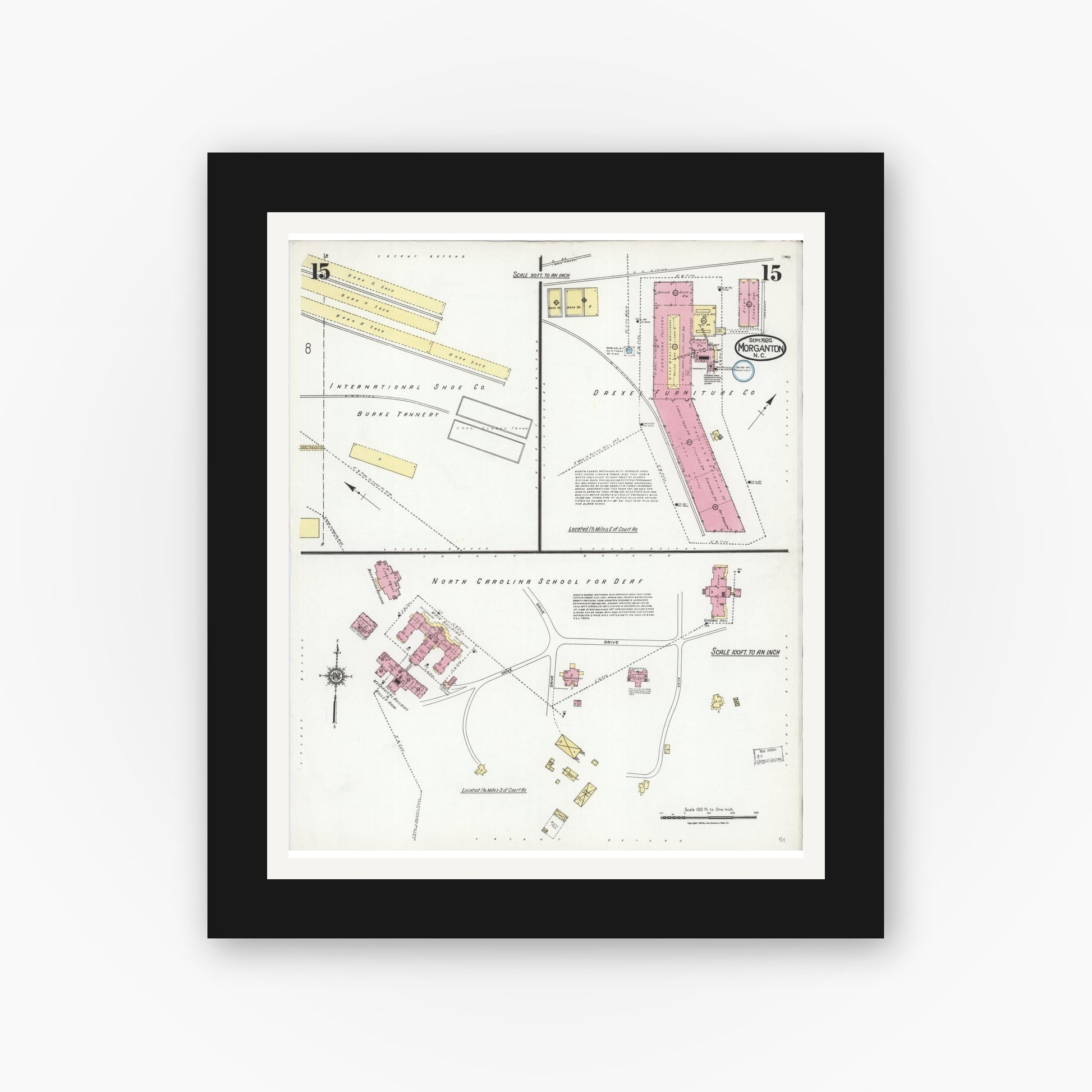 Old map wall art mockup — black gallery frame with white mat — Sanborn Fire Insurance Map from Morganton, Burke County, North Carolina (1924), Sheet #0015