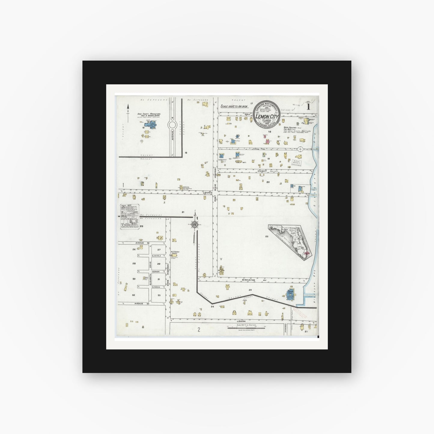 Old map wall art mockup — black gallery frame with white mat — Sanborn Fire Insurance Map from Lemon City, Dade County, Florida (1920) - Complete Map Set
