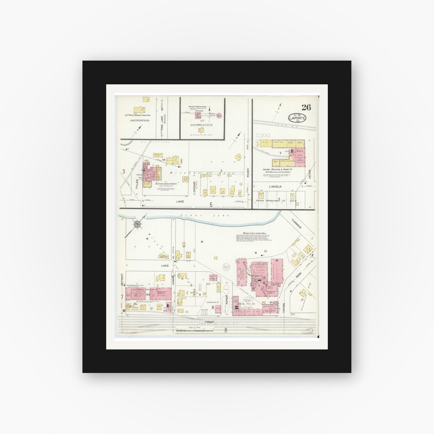 Old map wall art mockup — black gallery frame with white mat — Sanborn Fire Insurance Map from La Porte, La Porte County, Indiana (1912), Sheet #0026