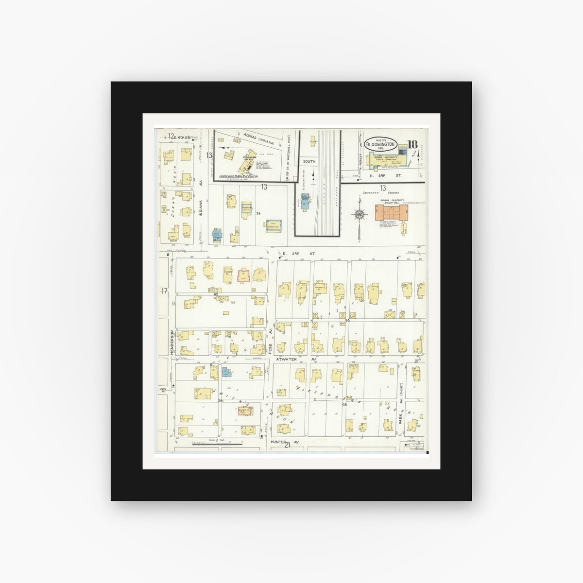 Old map wall art mockup — black gallery frame with white mat — Sanborn Fire Insurance Map from Bloomington, Monroe County, Indiana (1913), Sheet #0018