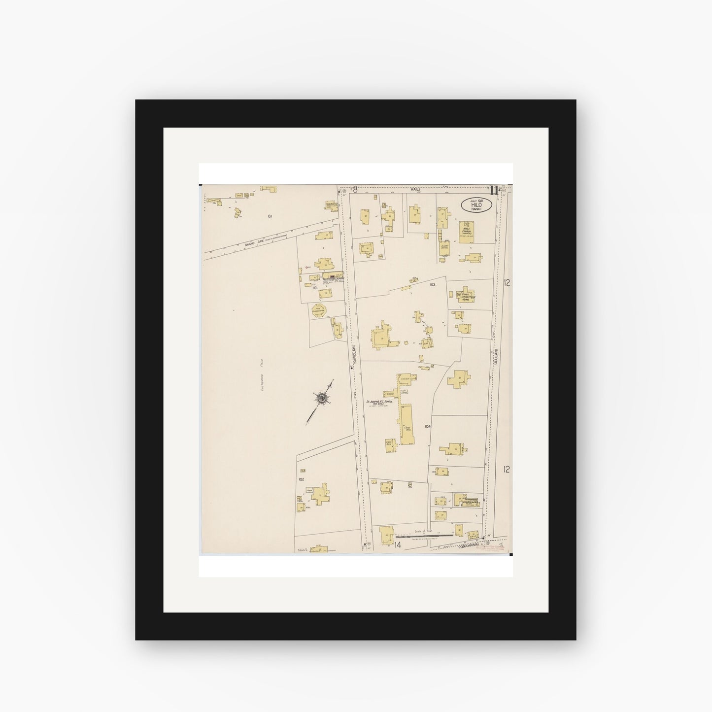 Old map wall art mockup — black gallery frame with white mat — Sanborn Fire Insurance Map from Hilo, Hawaii County, Hawaii (1921), Sheet #0011