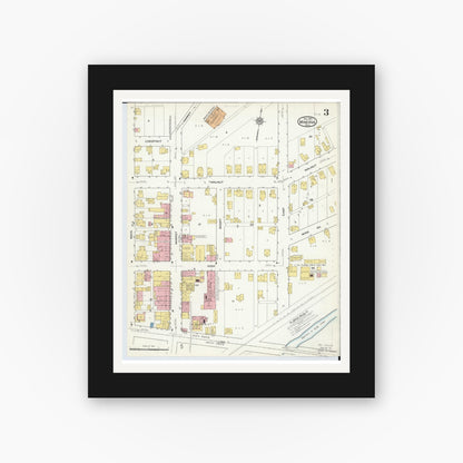 Old map wall art mockup — black gallery frame with white mat — Sanborn Fire Insurance Map from Minerva, Stark And Carroll Counties, Ohio (1915), Sheet #0003