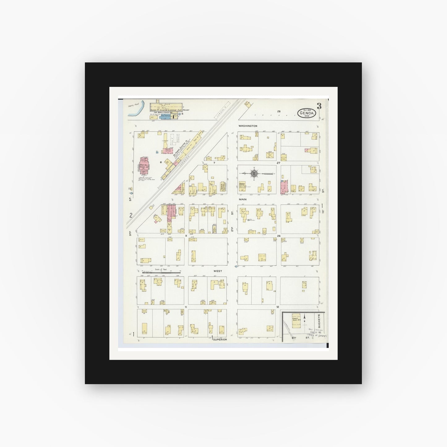 Old map wall art mockup — black gallery frame with white mat — Sanborn Fire Insurance Map from Genoa, Ottawa County, Ohio (1910), Sheet #0003