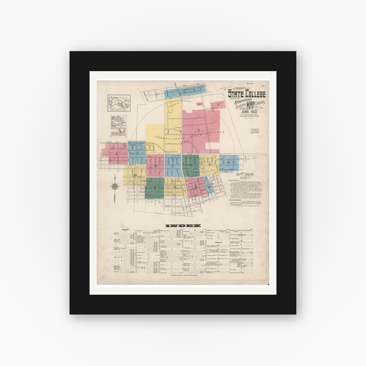 Old map wall art mockup — black gallery frame with white mat — Sanborn Fire Insurance Map from State College, Centre County, Pennsylvania (1922) - Complete Map Set