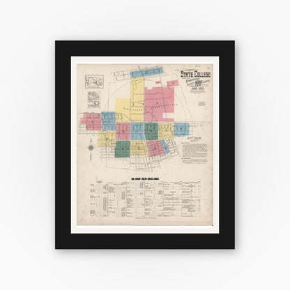 Old map wall art mockup — black gallery frame with white mat — Sanborn Fire Insurance Map from State College, Centre County, Pennsylvania (1922) - Complete Map Set
