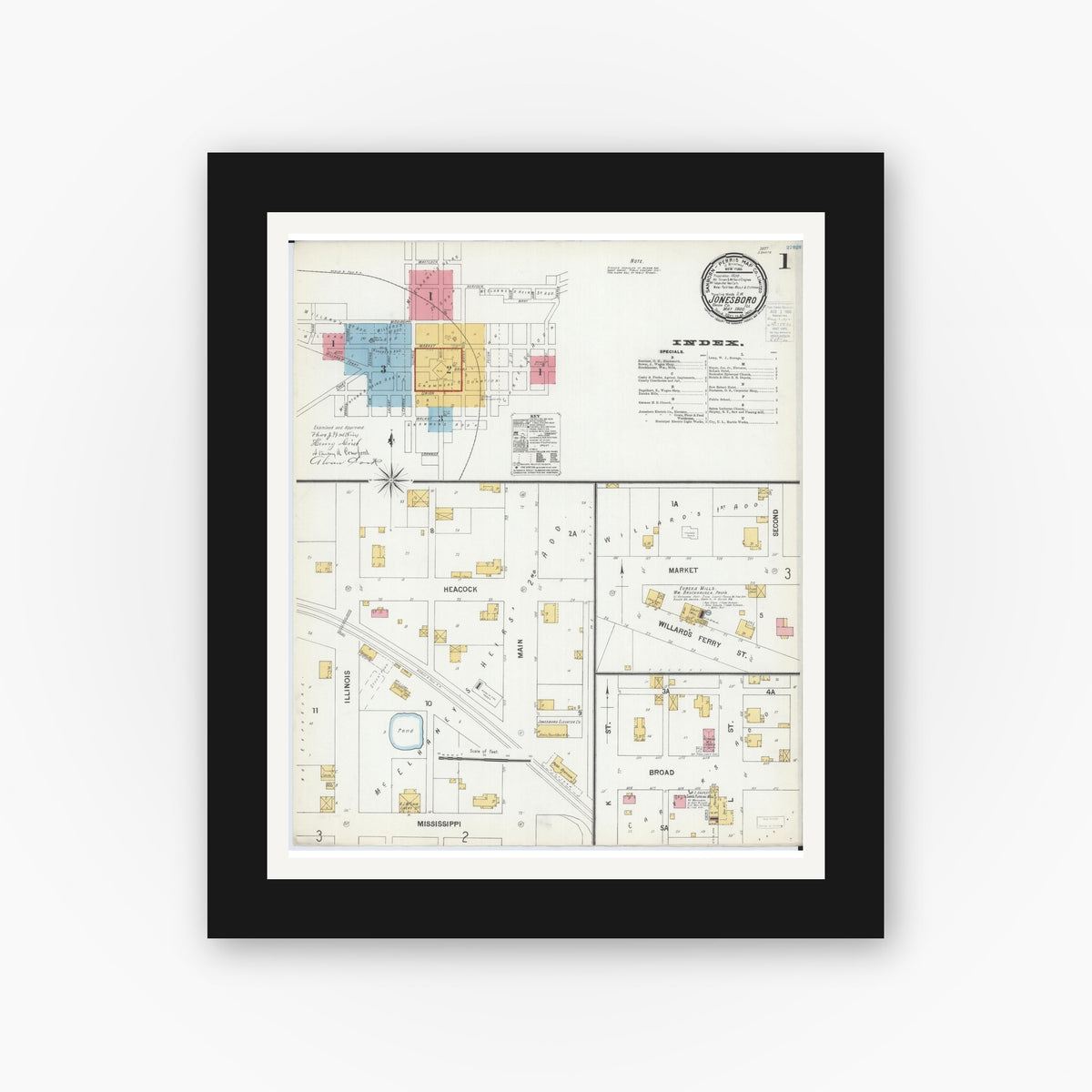 Old map wall art mockup — black gallery frame with white mat — Sanborn Fire Insurance Map from Jonesboro, Union County, Illinois (1900) - Complete Map Set