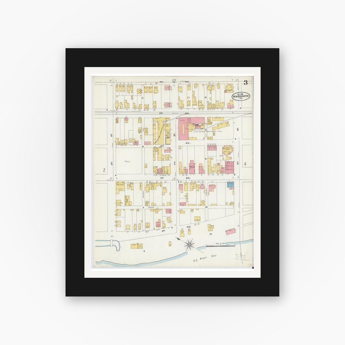 Old map wall art mockup — black gallery frame with white mat — Sanborn Fire Insurance Map from New Brighton, Beaver County, Pennsylvania (1906), Sheet #0003