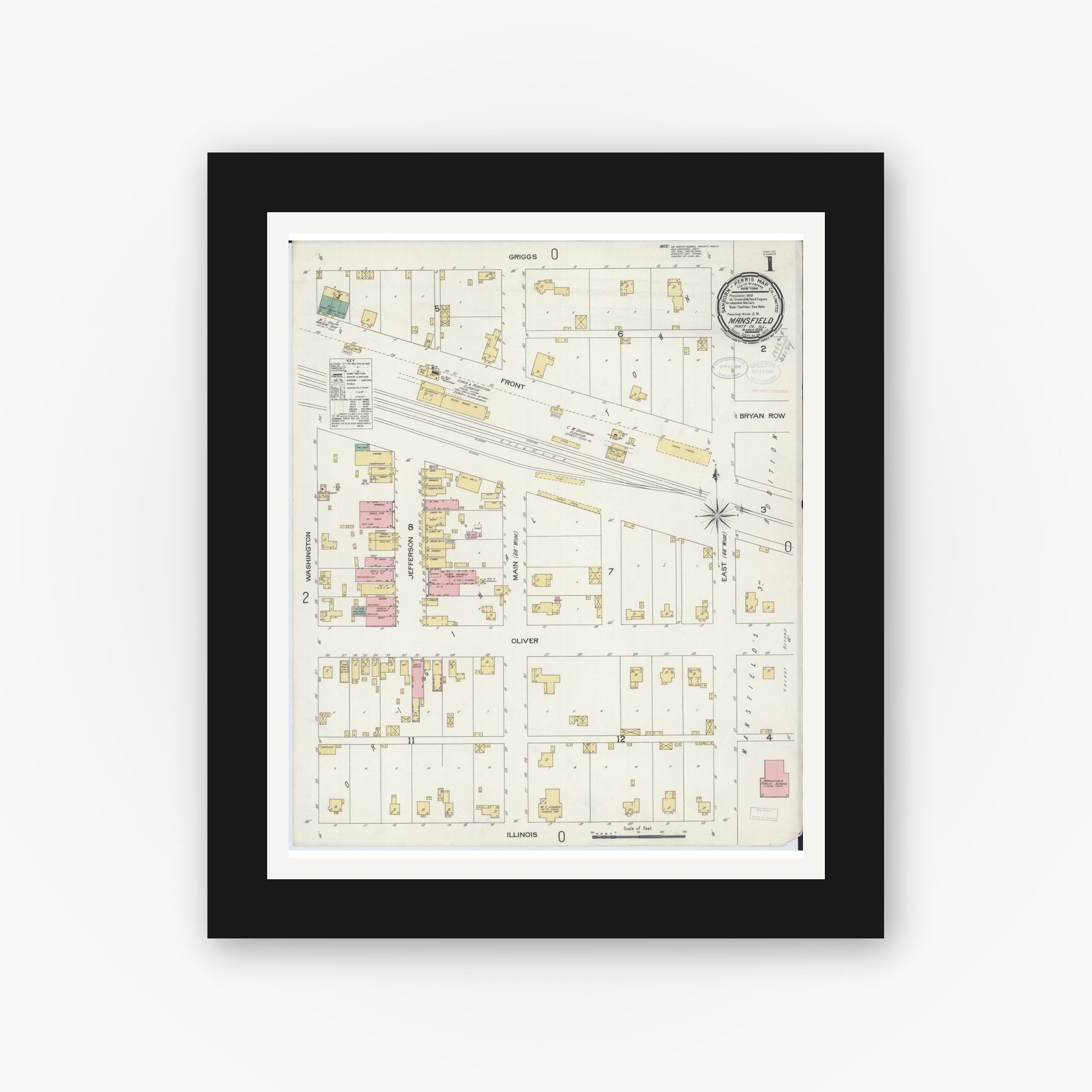 Old map wall art mockup — black gallery frame with white mat — Sanborn Fire Insurance Map from Mansfield, Piatt County, Illinois (1898), Sheet #0001