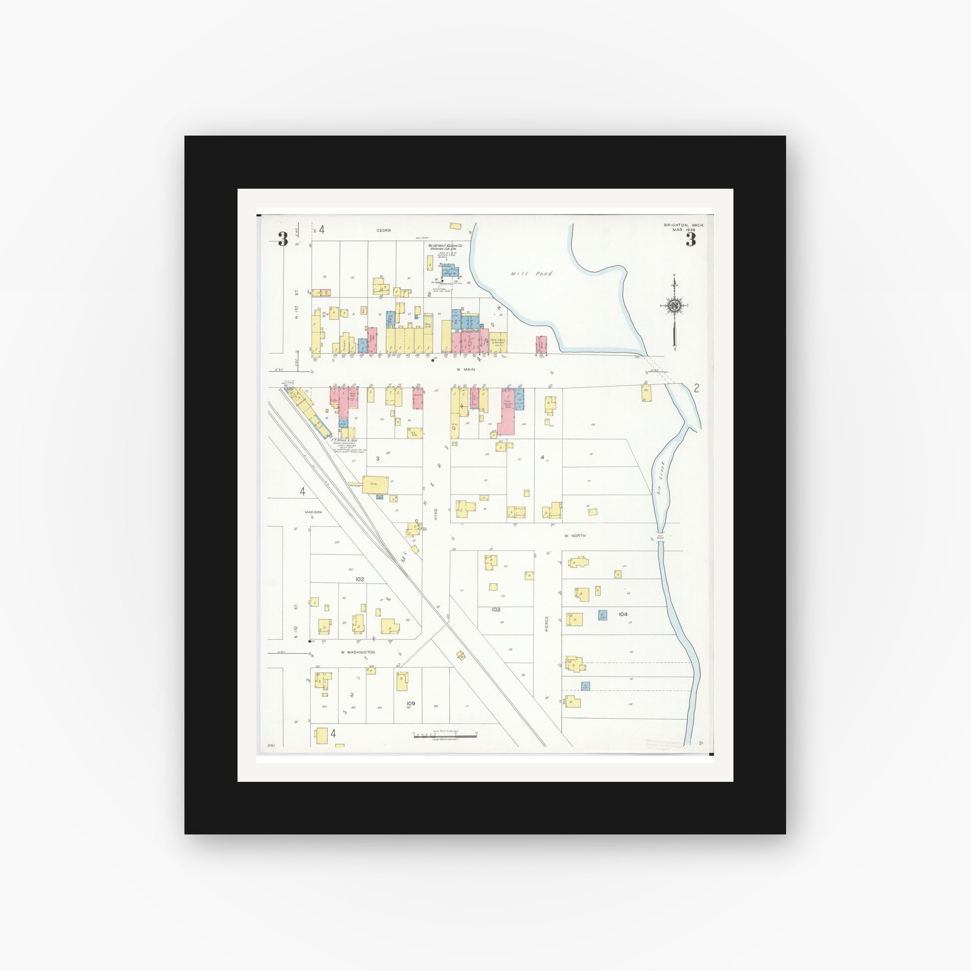 Old map wall art mockup — black gallery frame with white mat — Sanborn Fire Insurance Map from Brighton, Livington County, Michigan (1938), Sheet #0003