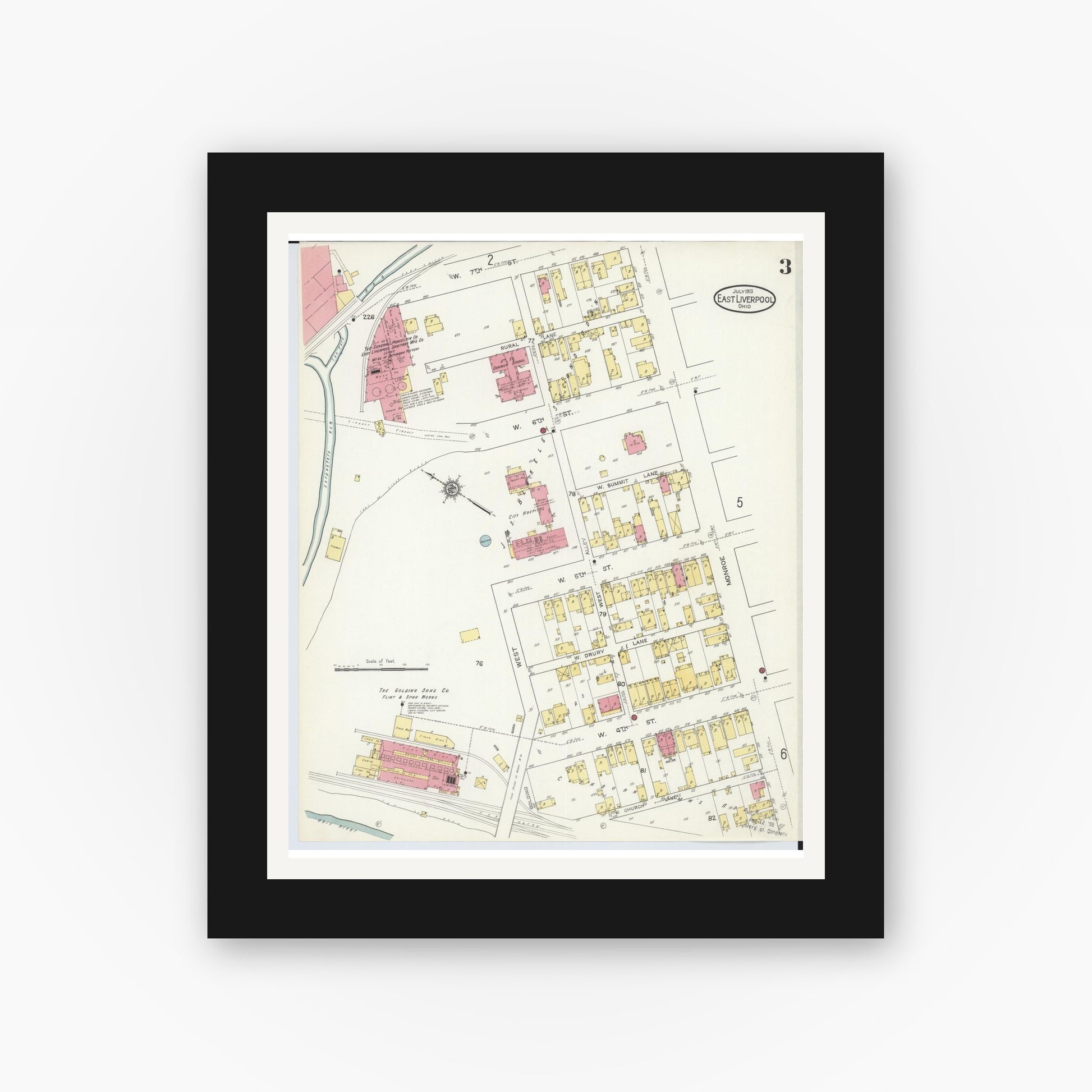 Old map wall art mockup — black gallery frame with white mat — Sanborn Fire Insurance Map from East Liverpool, Columbiana County, Ohio (1913), Sheet #0003
