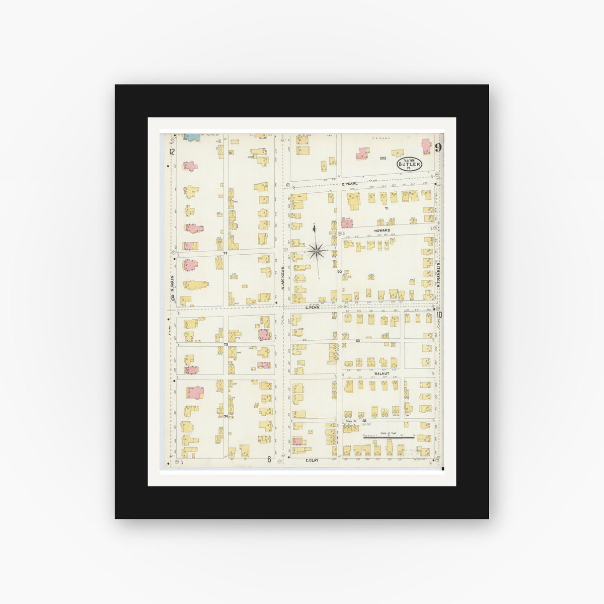 Old map wall art mockup — black gallery frame with white mat — Sanborn Fire Insurance Map from Butler, Butler County, Pennsylvania (1906), Sheet #0009