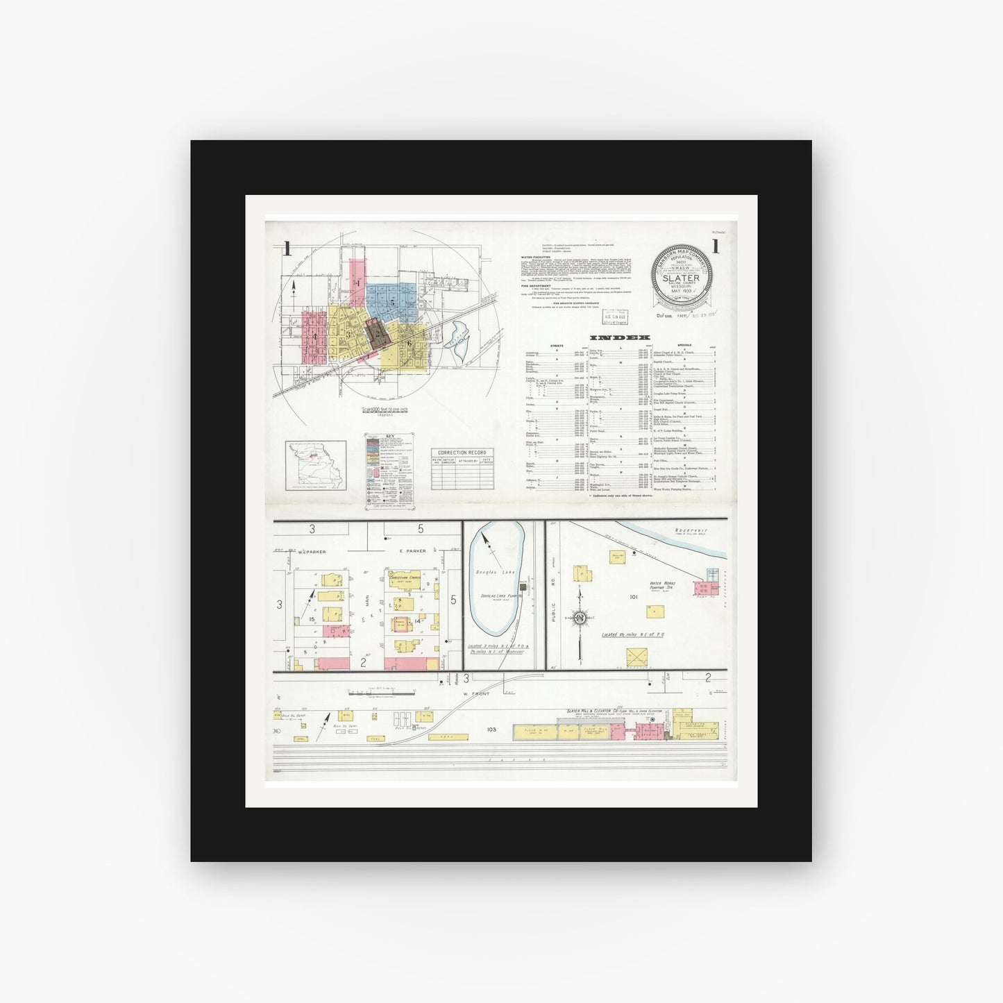 Old map wall art mockup — black gallery frame with white mat — Sanborn Fire Insurance Map from Slater, Saline County, Missouri (1933) - Complete Map Set