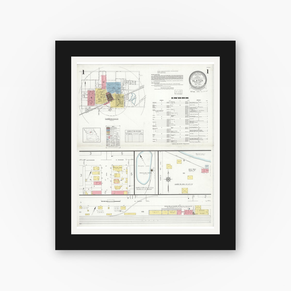 Old map wall art mockup — black gallery frame with white mat — Sanborn Fire Insurance Map from Slater, Saline County, Missouri (1933) - Complete Map Set