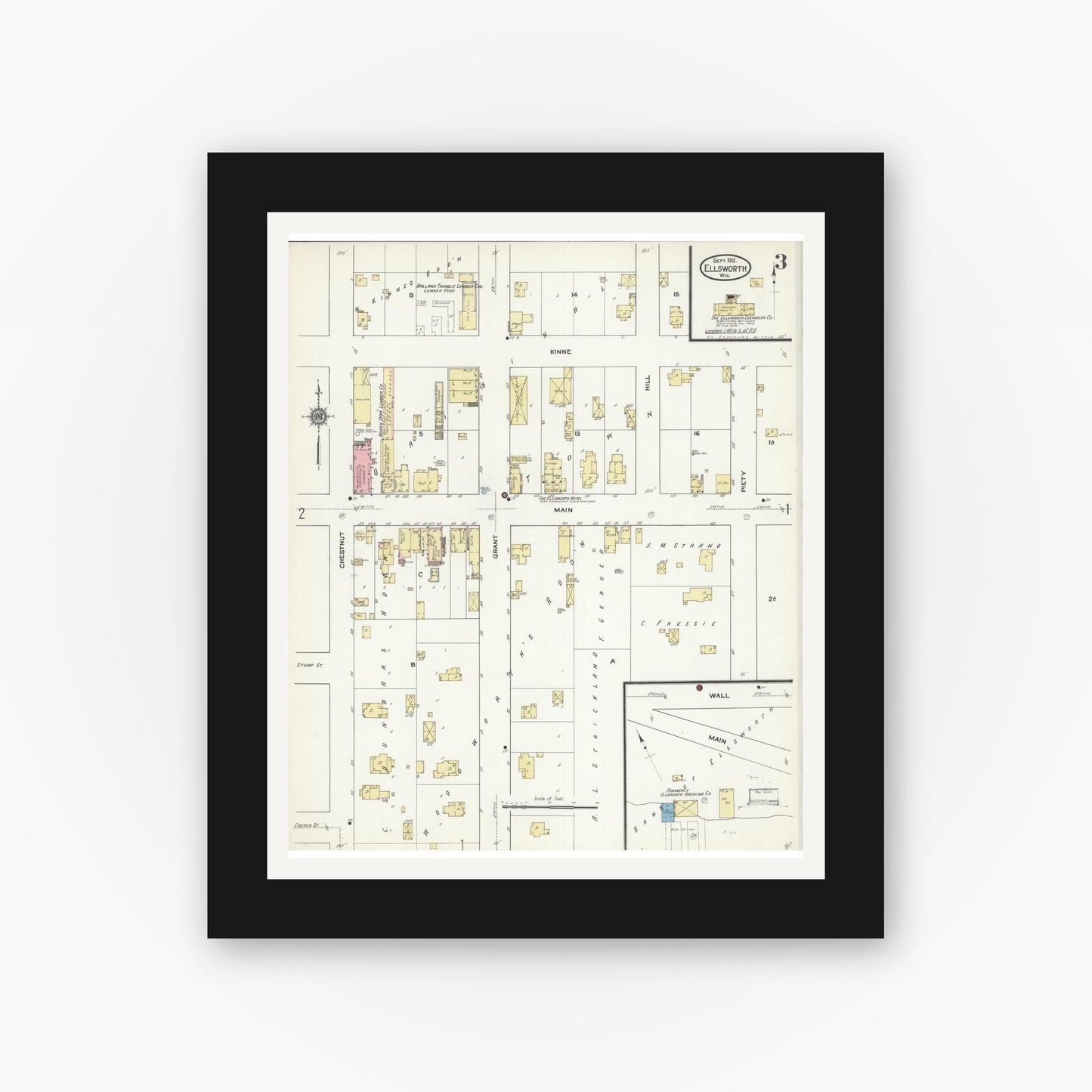 Old map wall art mockup — black gallery frame with white mat — Sanborn Fire Insurance Map from Ellsworth, Pierce County, Wisconsin (1912), Sheet #0003