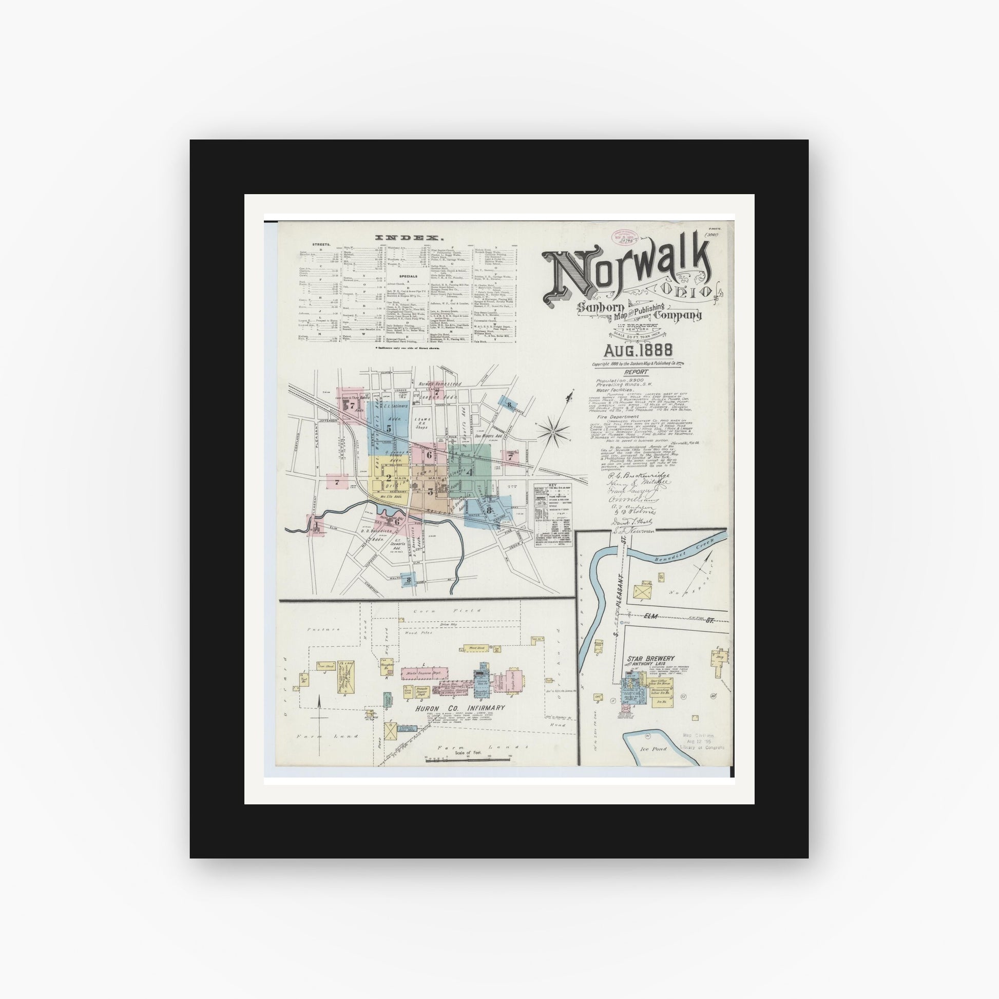 Old map wall art mockup — black gallery frame with white mat — Sanborn Fire Insurance Map from Norwalk, Huron County, Ohio (1888), Sheet #0001