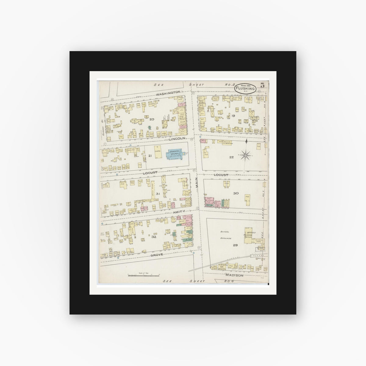 Old map wall art mockup — black gallery frame with white mat — Sanborn Fire Insurance Map from Flushing, Queens County, New York (1886), Sheet #0005