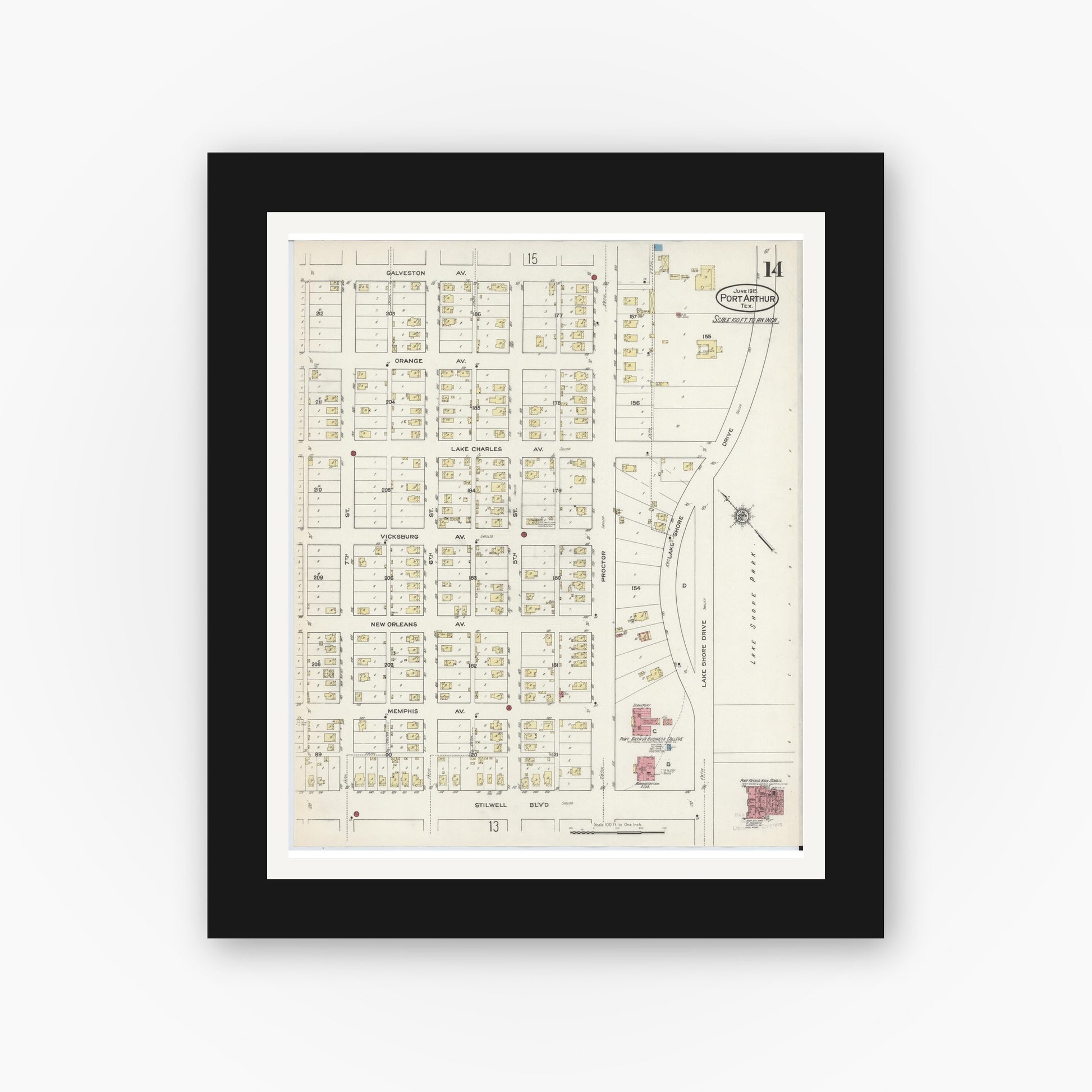 Old map wall art mockup — black gallery frame with white mat — Sanborn Fire Insurance Map from Port Arthur, Jefferson County, Texas (1915), Sheet #0014