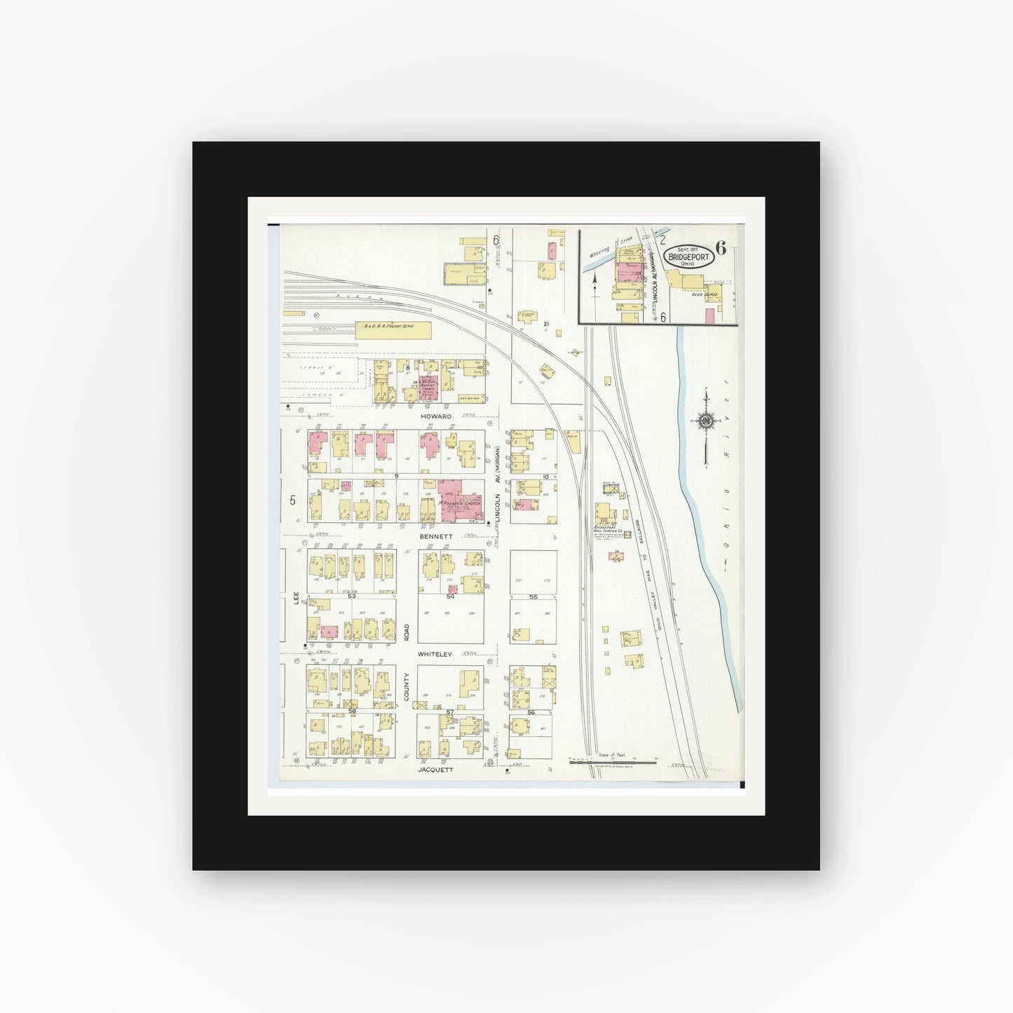 Old map wall art mockup — black gallery frame with white mat — Sanborn Fire Insurance Map from Bridgeport, Belmont County, Ohio (1917), Sheet #0006