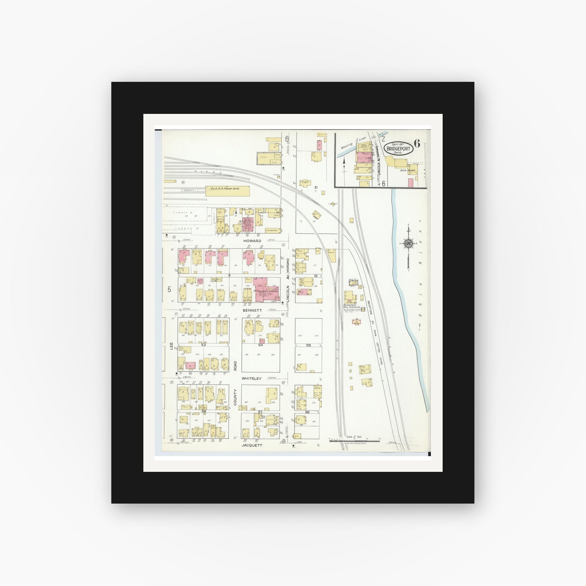 Old map wall art mockup — black gallery frame with white mat — Sanborn Fire Insurance Map from Bridgeport, Belmont County, Ohio (1917), Sheet #0006