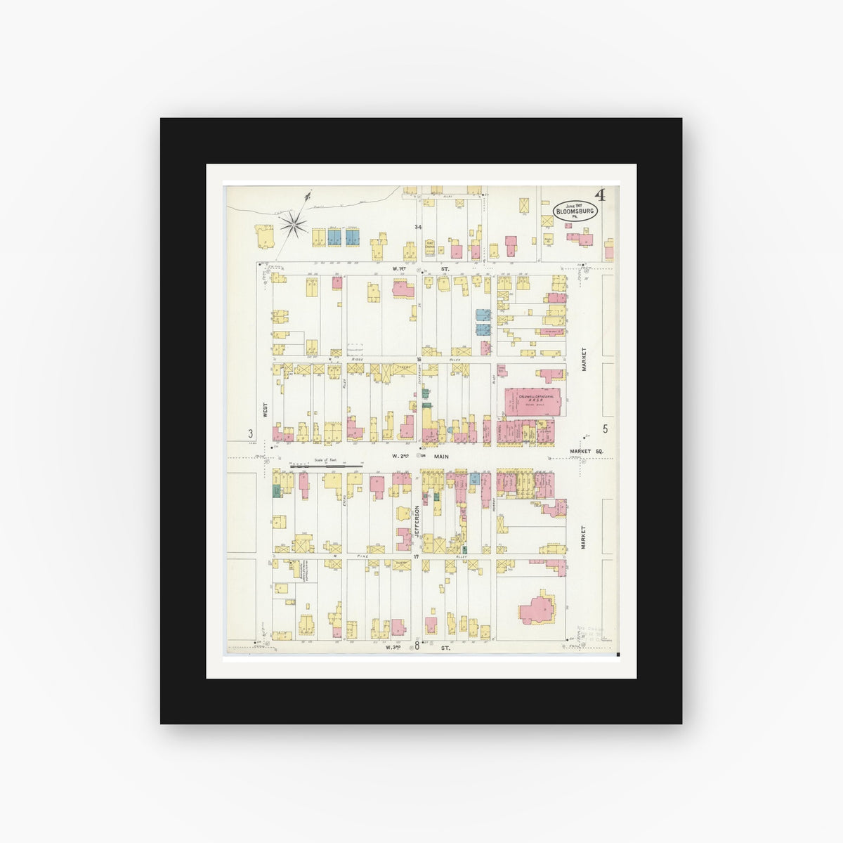 Old map wall art mockup — black gallery frame with white mat — Sanborn Fire Insurance Map from Bloomsburg, Columbia County, Pennsylvania (1907), Sheet #0004