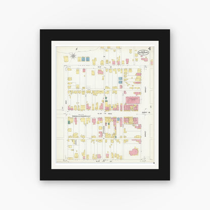 Old map wall art mockup — black gallery frame with white mat — Sanborn Fire Insurance Map from Bloomsburg, Columbia County, Pennsylvania (1907), Sheet #0004