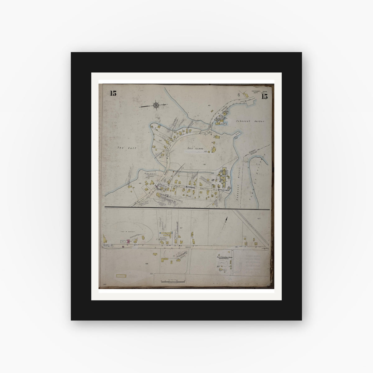 Old map wall art mockup — black gallery frame with white mat — Sanborn Fire Insurance Map from Cohasset, Norfolk County, Massachusetts (1952), Sheet #0015