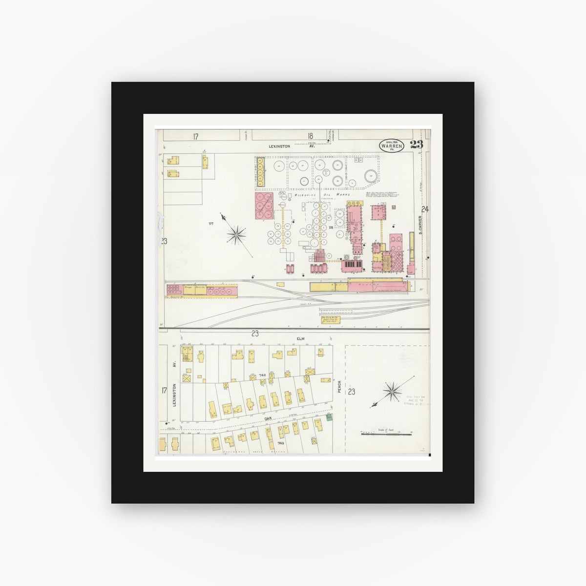 Old map wall art mockup — black gallery frame with white mat — Sanborn Fire Insurance Map from Warren, Warren County, Pennsylvania (1904), Sheet #0023