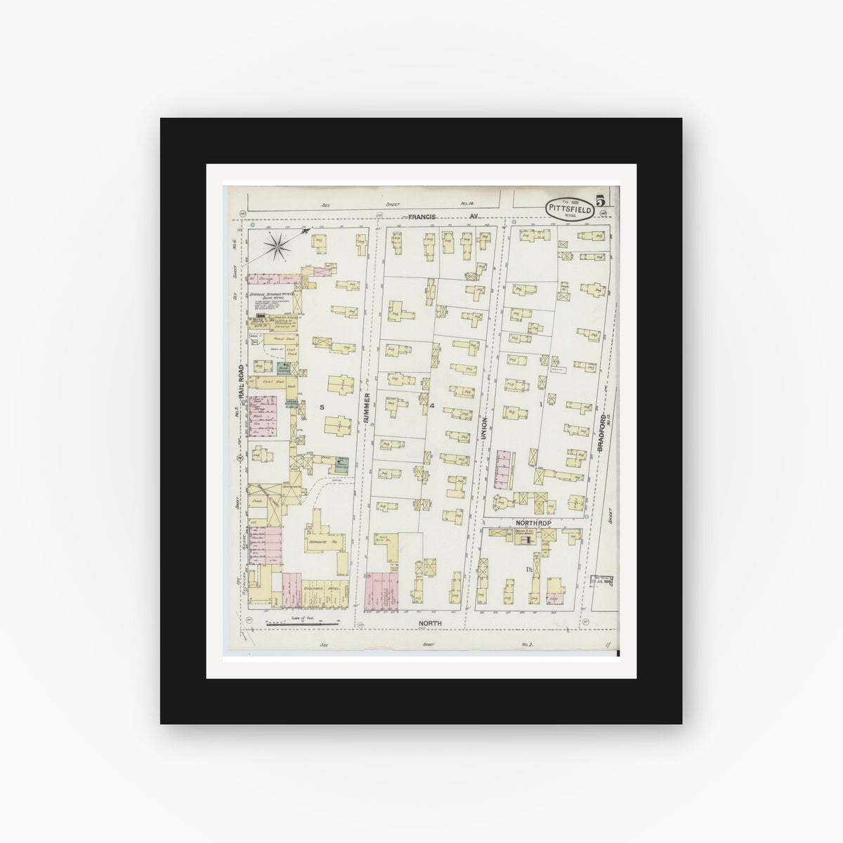Old map wall art mockup — black gallery frame with white mat — Sanborn Fire Insurance Map from Pittsfield, Berkshire County, Massachusetts (1889), Sheet #0005