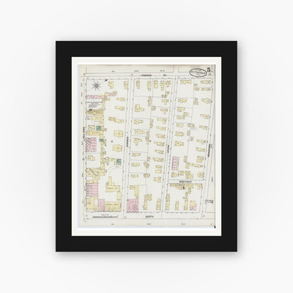 Old map wall art mockup — black gallery frame with white mat — Sanborn Fire Insurance Map from Pittsfield, Berkshire County, Massachusetts (1889), Sheet #0005