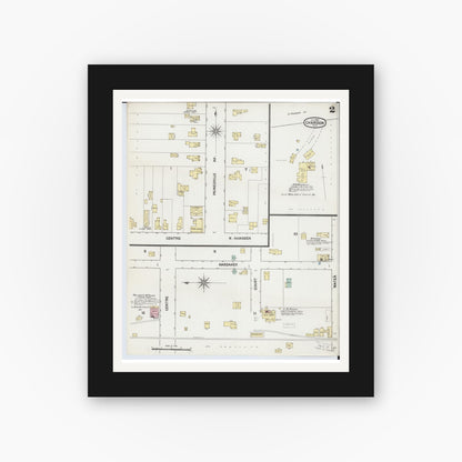 Old map wall art mockup — black gallery frame with white mat — Sanborn Fire Insurance Map from Chardon, Geauga County, Ohio (1889), Sheet #0002