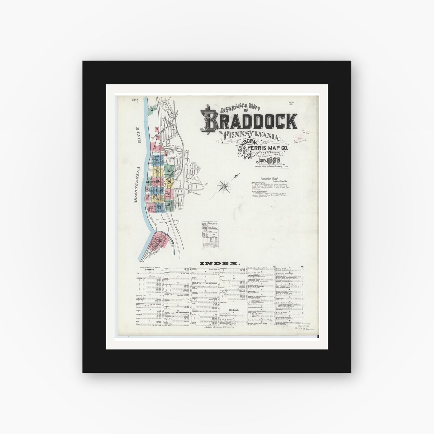 Old map wall art mockup — black gallery frame with white mat — Sanborn Fire Insurance Map from Braddock, Allegheny County, Pennsylvania (1896), Sheet #0001
