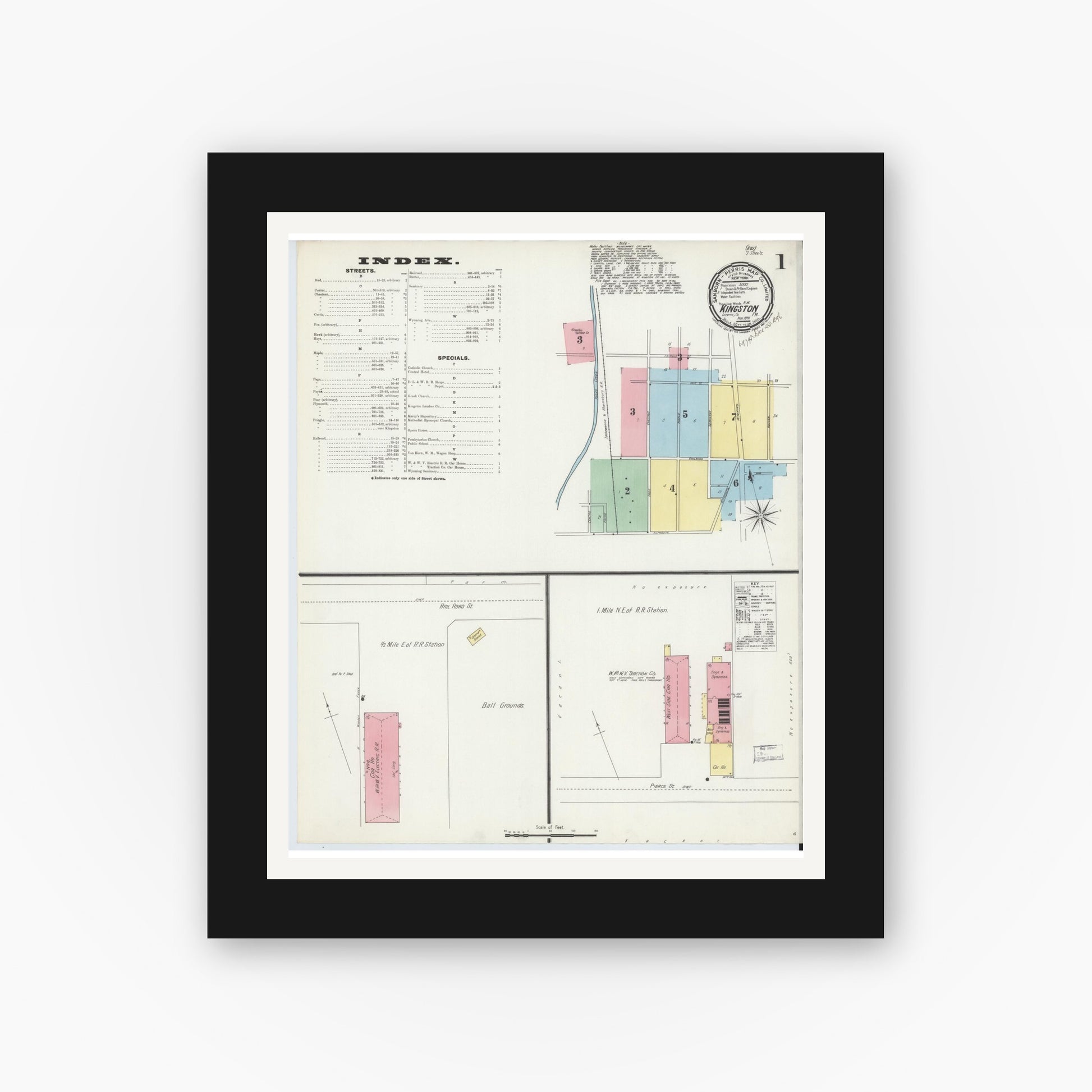 Old map wall art mockup — black gallery frame with white mat — Sanborn Fire Insurance Map from Kingston, Luzerne County, Pennsylvania (1896) - Complete Map Set