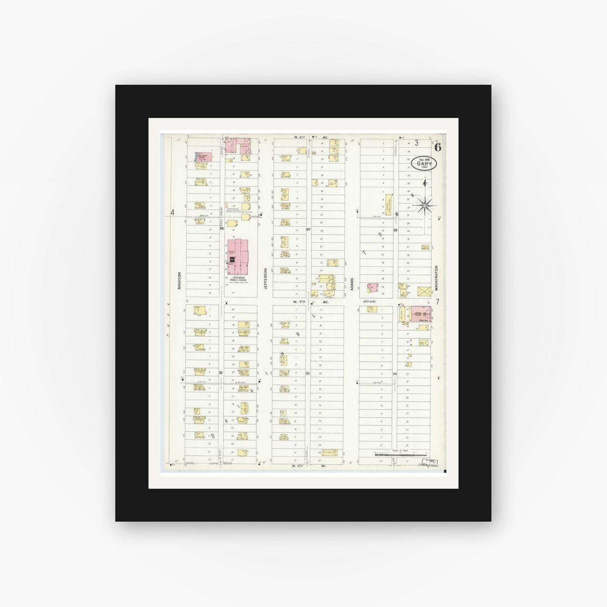 Old map wall art mockup — black gallery frame with white mat — Sanborn Fire Insurance Map from Gary, Lake County, Indiana (1908), Sheet #0006